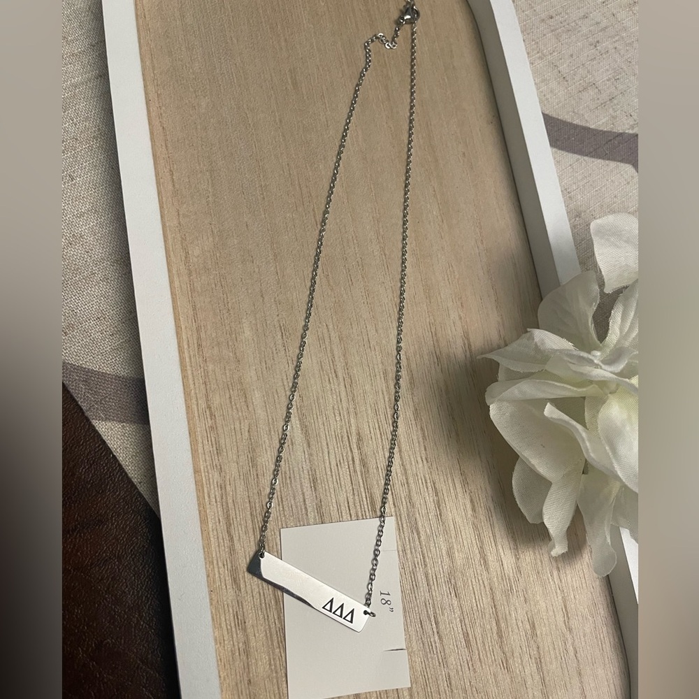 NWT Tri Delta Bar Necklace Silver plated letters 18” chain in box - Picture 3 of 7
